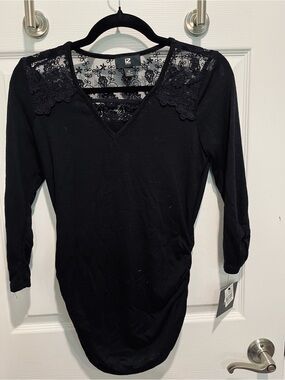 Iz Byer Black Long Sleeve V-Neck Top with Lace Shoulder & Back